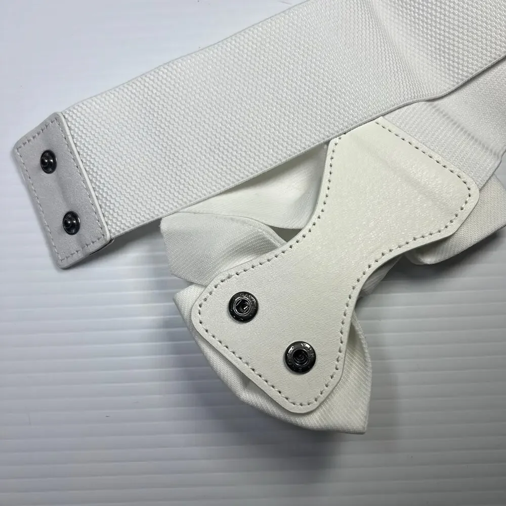 Vintage Style Size Large White Oversize Bow Wide Elastic Cinch Belt Snap Closure